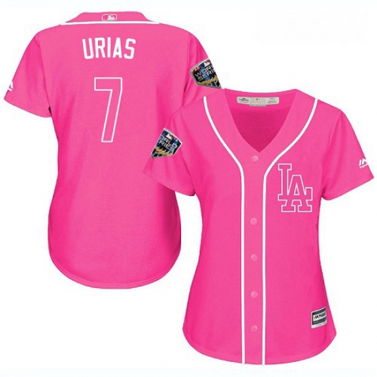 Womens Majestic Los Angeles Dodgers 7 Julio Urias Authentic Pink Fashion Cool Base 2018 World Series