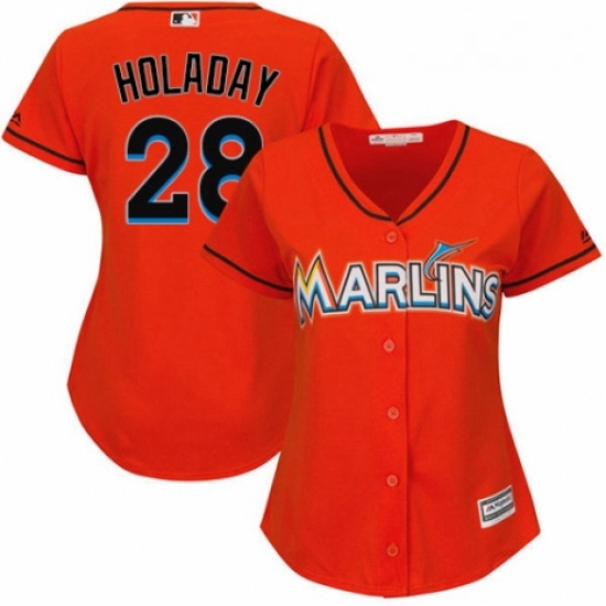 Womens Majestic Miami Marlins 28 Bryan Holaday Replica Orange Alternate 1 Cool Base MLB Jersey