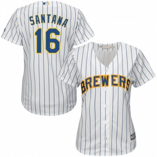 Womens Majestic Milwaukee Brewers 16 Domingo Santana Authentic White Home Cool Base MLB Jersey