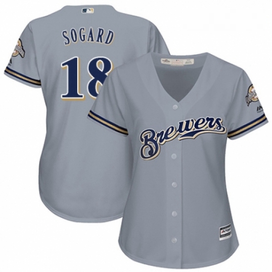 Womens Majestic Milwaukee Brewers 18 Eric Sogard Replica Grey Road Cool Base MLB Jersey