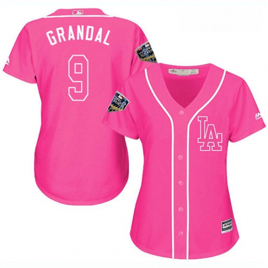 Womens Majestic Los Angeles Dodgers 9 Yasmani Grandal Authentic Pink Fashion Cool Base 2018 World Se