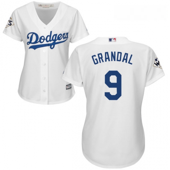 Womens Majestic Los Angeles Dodgers 9 Yasmani Grandal Replica White Home 2017 World Series Bound Coo