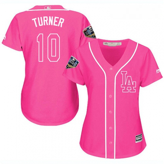 Womens Majestic Los Angeles Dodgers 10 Justin Turner Authentic Pink Fashion Cool Base 2018 World Ser