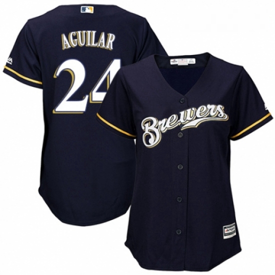 Womens Majestic Milwaukee Brewers 24 Jesus Aguilar Authentic Navy Blue Alternate Cool Base MLB Jerse