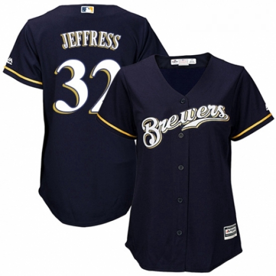 Womens Majestic Milwaukee Brewers 32 Jeremy Jeffress Authentic Navy Blue Alternate Cool Base MLB Jer