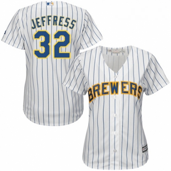 Womens Majestic Milwaukee Brewers 32 Jeremy Jeffress Authentic White Home Cool Base MLB Jersey