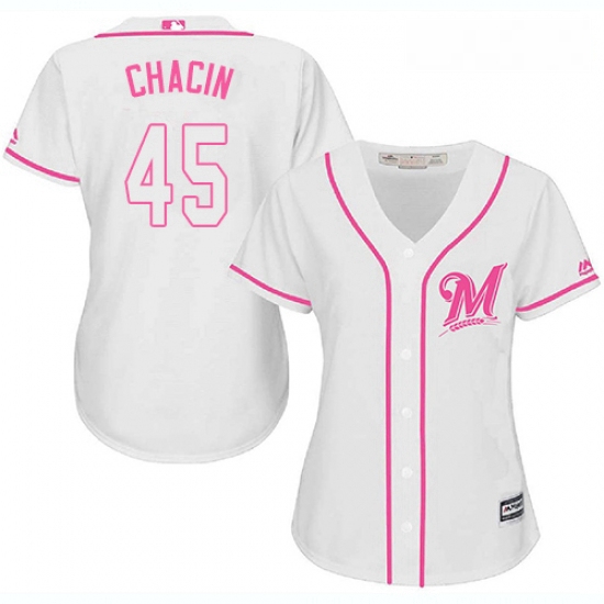 Womens Majestic Milwaukee Brewers 45 Jhoulys Chacin Authentic White Fashion Cool Base MLB Jersey