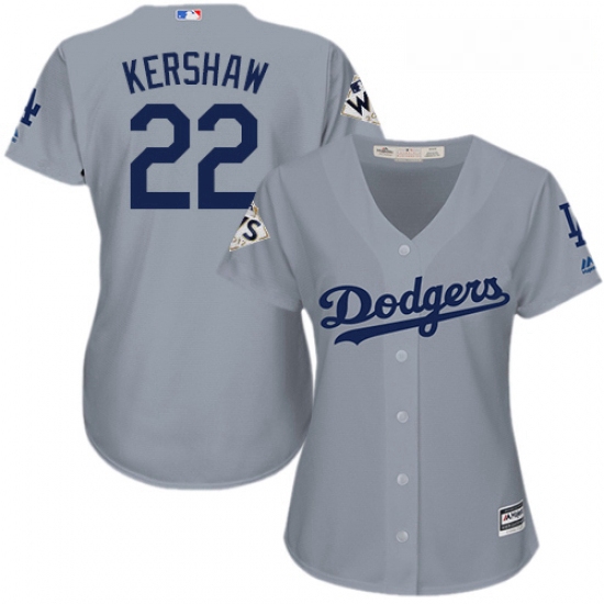 Womens Majestic Los Angeles Dodgers 22 Clayton Kershaw Replica Grey Road 2017 World Series Bound Coo