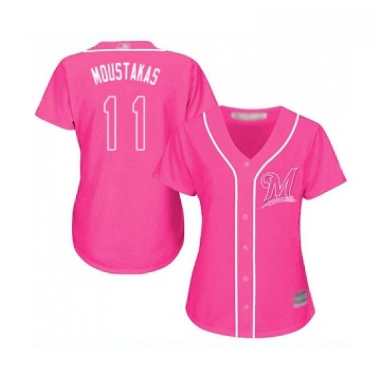 Womens Milwaukee Brewers 11 Mike Moustakas Replica Pink Fashion 