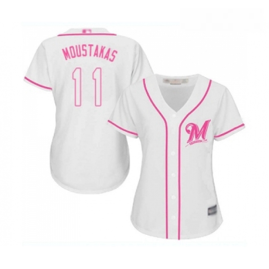 Womens Milwaukee Brewers 11 Mike Moustakas Replica White Fashion Cool Base Baseball Jersey