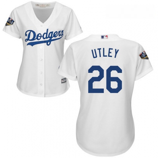 Womens Majestic Los Angeles Dodgers 26 Chase Utley Authentic White Home Cool Base 2018 World Series 