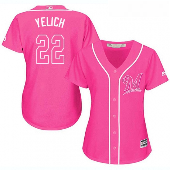 Womens Milwaukee Brewers 22 Christian Yelich Pink Fashion Stitched MLB Jersey