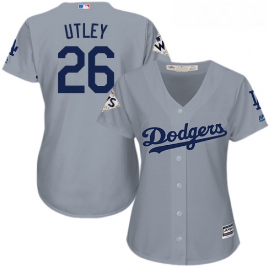 Womens Majestic Los Angeles Dodgers 26 Chase Utley Replica Grey Road 2017 World Series Bound Cool Ba