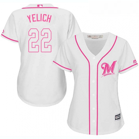 Womens Milwaukee Brewers 22 Christian Yelich White Pink Fashion Stitched MLB Jersey