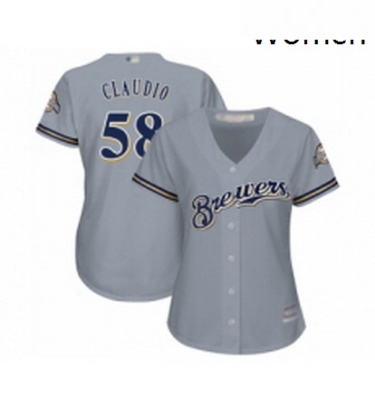 Womens Milwaukee Brewers 58 Alex Claudio Replica Grey Road Cool Base Baseball Jersey