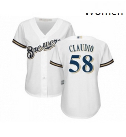 Womens Milwaukee Brewers 58 Alex Claudio Replica White Alternate Cool Base Baseball Jersey