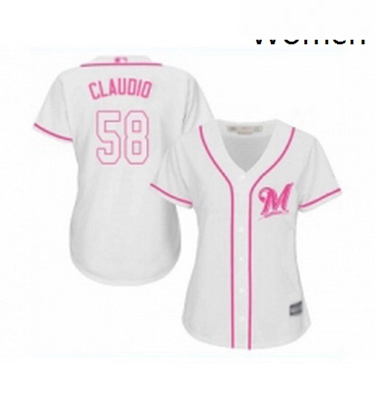 Womens Milwaukee Brewers 58 Alex Claudio Replica White Fashion Cool Base Baseball Jersey