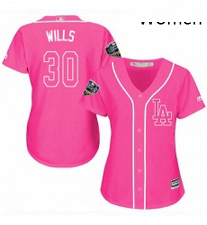 Womens Majestic Los Angeles Dodgers 30 Maury Wills Authentic Pink Fashion Cool Base 2018 World Serie