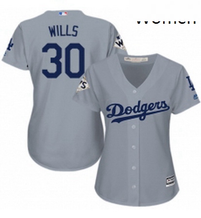 Womens Majestic Los Angeles Dodgers 30 Maury Wills Replica Grey Road 2017 World Series Bound Cool Ba