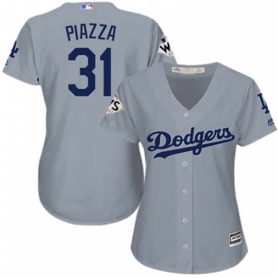 Womens Majestic Los Angeles Dodgers 31 Mike Piazza Authentic Grey Road 2017 World Series Bound Cool 