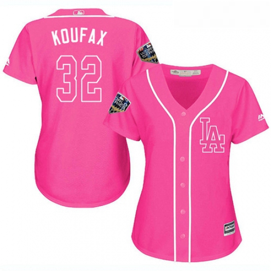 Womens Majestic Los Angeles Dodgers 32 Sandy Koufax Authentic Pink Fashion Cool Base 2018 World Seri