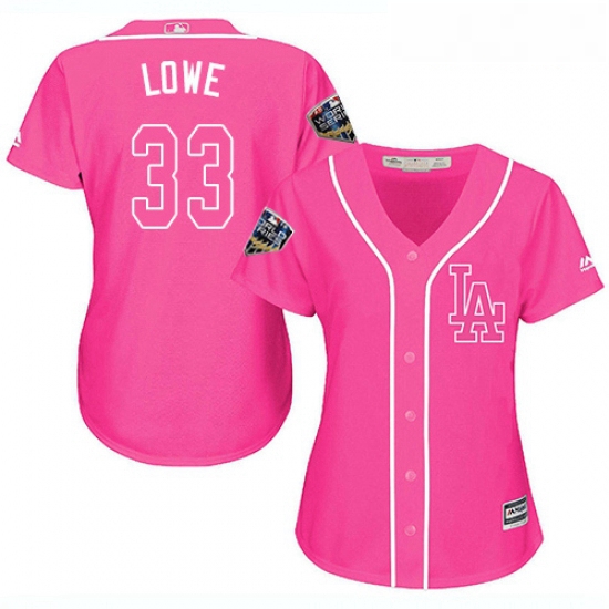 Womens Majestic Los Angeles Dodgers 33 Mark Lowe Authentic Pink Fashion Cool Base 2018 World Series 