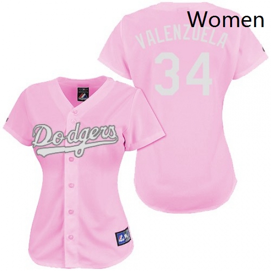 Womens Majestic Los Angeles Dodgers 34 Fernando Valenzuela Replica Pink Fashion MLB Jersey