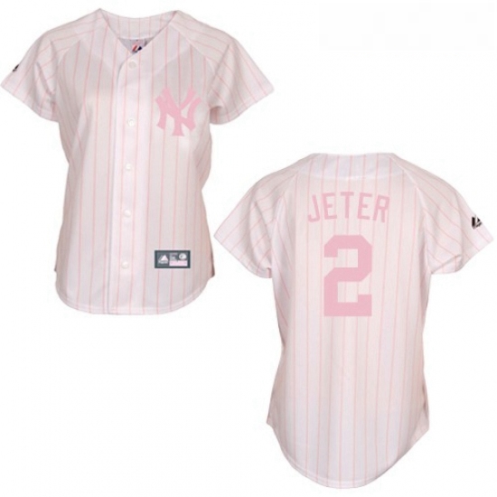 Womens Majestic New York Yankees 2 Derek Jeter Replica WhitePink Strip MLB Jersey