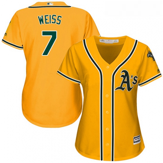 Womens Majestic Oakland Athletics 7 Walt Weiss Replica Gold Alternate 2 Cool Base MLB Jersey