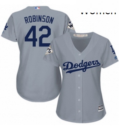 Womens Majestic Los Angeles Dodgers 42 Jackie Robinson Authentic Grey Road 2017 World Series Bound C