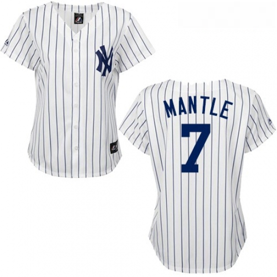 Womens Majestic New York Yankees 7 Mickey Mantle Authentic WhiteBlack Strip MLB Jersey