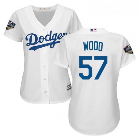 Womens Majestic Los Angeles Dodgers 57 Alex Wood Authentic White Home Cool Base 2018 World Series ML