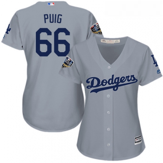 Womens Majestic Los Angeles Dodgers 66 Yasiel Puig Authentic Grey Road Cool Base 2018 World Series M