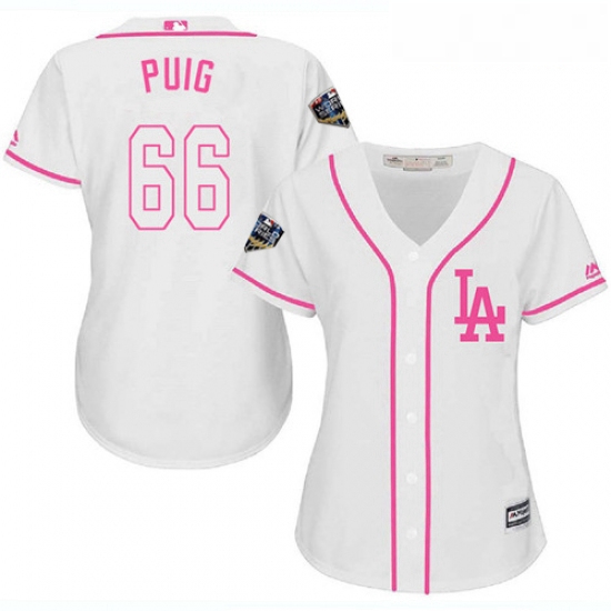 Womens Majestic Los Angeles Dodgers 66 Yasiel Puig Authentic White Fashion Cool Base 2018 World Seri