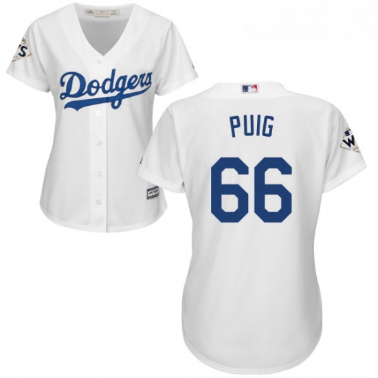 Womens Majestic Los Angeles Dodgers 66 Yasiel Puig Authentic White Home 2017 World Series Bound Cool