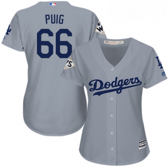 Womens Majestic Los Angeles Dodgers 66 Yasiel Puig Replica Grey Road 2017 World Series Bound Cool Ba