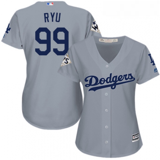 Womens Majestic Los Angeles Dodgers 99 Hyun Jin Ryu Authentic Grey Road 2017 World Series Bound Cool