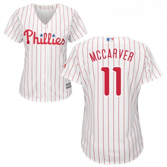 Womens Majestic Philadelphia Phillies 11 Tim McCarver Replica WhiteRed Strip Home Cool Base MLB Jers