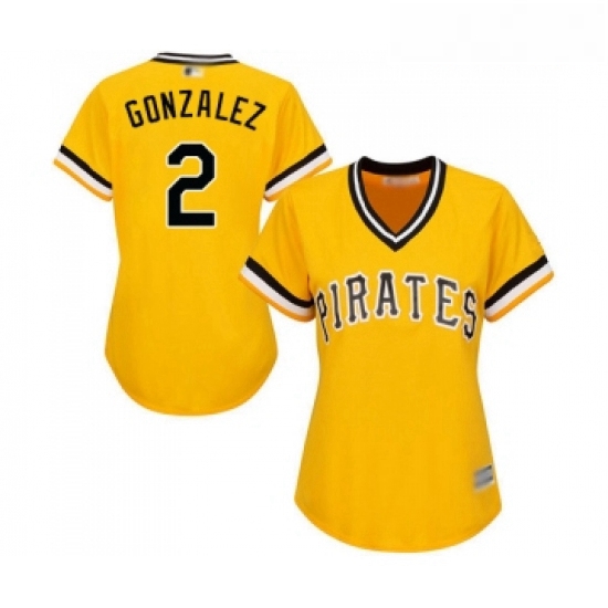 Womens Pittsburgh Pirates 2 Erik Gonzalez Replica Gold Alternate Cool Base Baseball Jersey