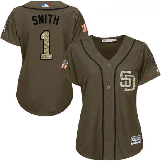 Womens Majestic San Diego Padres 1 Ozzie Smith Authentic Green Salute to Service Cool Base MLB Jerse