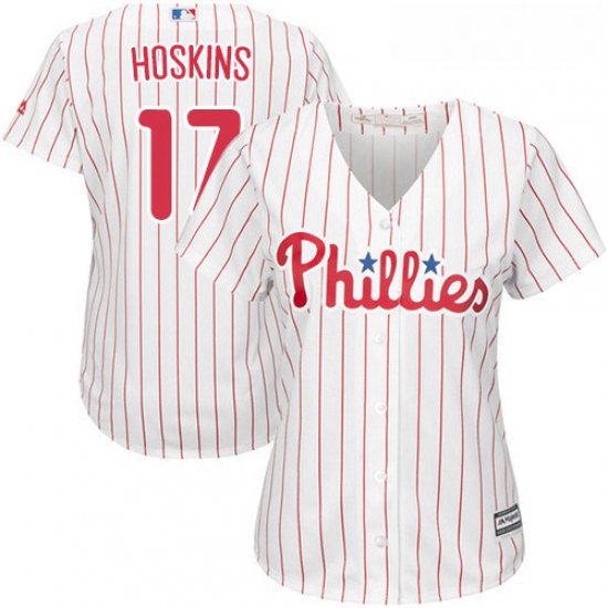 Womens Majestic Philadelphia Phillies 17 Rhys Hoskins Replica WhiteRed Strip Home Cool Base MLB Jers