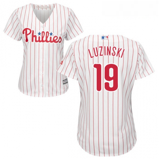 Womens Majestic Philadelphia Phillies 19 Greg Luzinski Replica WhiteRed Strip Home Cool Base MLB Jer