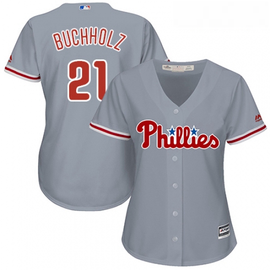 Womens Majestic Philadelphia Phillies 21 Clay Buchholz Replica Grey Road Cool Base MLB Jersey