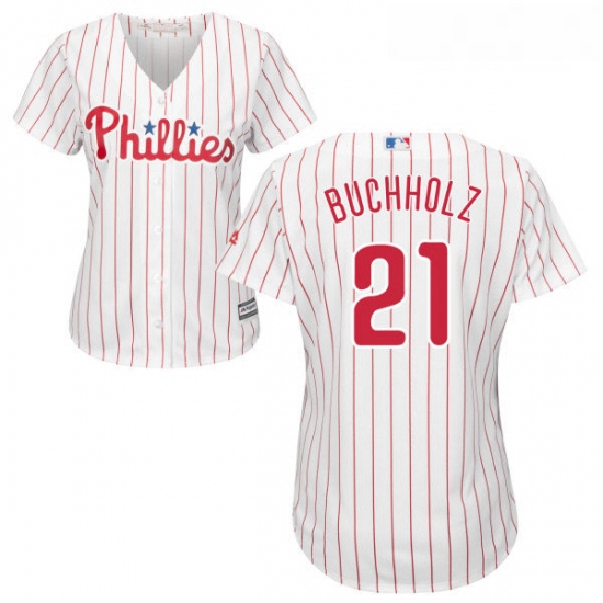 Womens Majestic Philadelphia Phillies 21 Clay Buchholz Replica WhiteRed Strip Home Cool Base MLB Jer