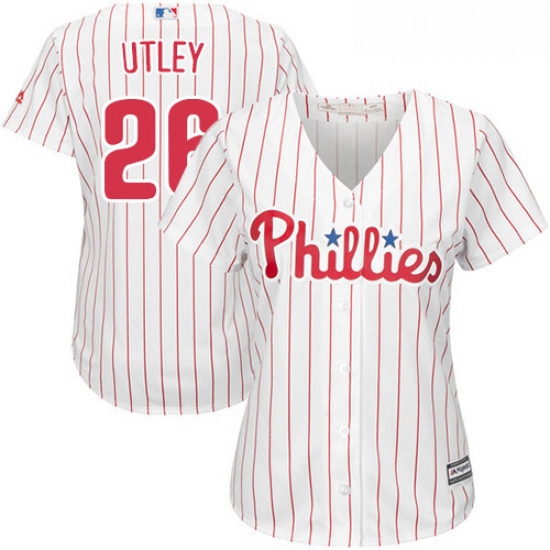 Womens Majestic Philadelphia Phillies 26 Chase Utley Replica WhiteRed Strip Home Cool Base MLB Jerse