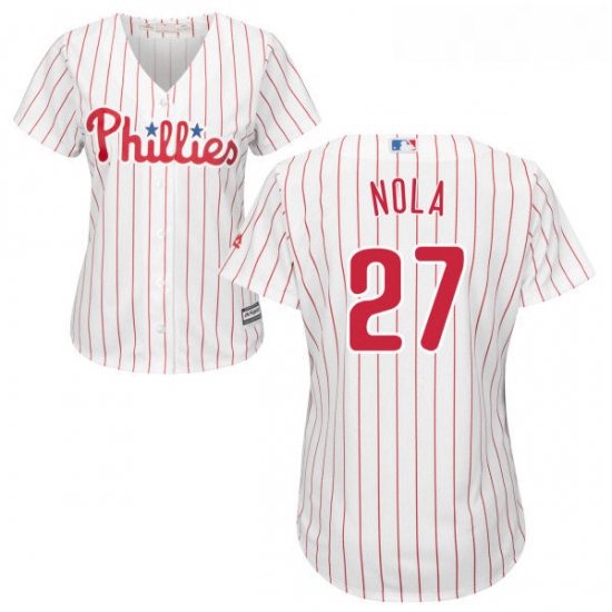 Womens Majestic Philadelphia Phillies 27 Aaron Nola Authentic WhiteRed Strip Home Cool Base MLB Jers