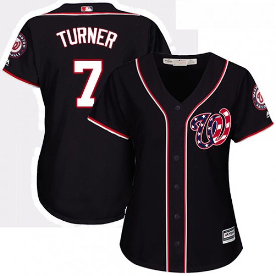 Womens Majestic Washington Nationals 7 Trea Turner Replica Navy Blue Alternate 2 Cool Base MLB Jerse