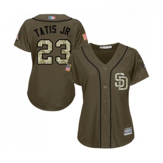 Womens San Diego Padres 23 Fernando Tatis Jr Authentic Green Salute to Service Cool Base Baseball Je