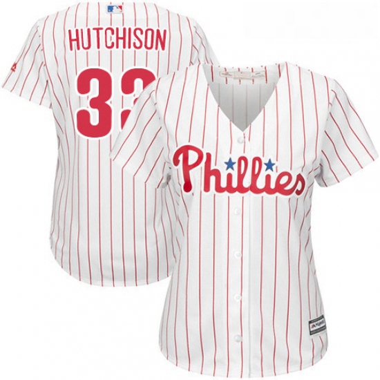 Womens Majestic Philadelphia Phillies 33 Drew Hutchison Replica WhiteRed Strip Home Cool Base MLB Je