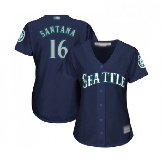 Womens Seattle Mariners 16 Domingo Santana Replica Navy Blue Alternate 2 Cool Base Baseball Jersey